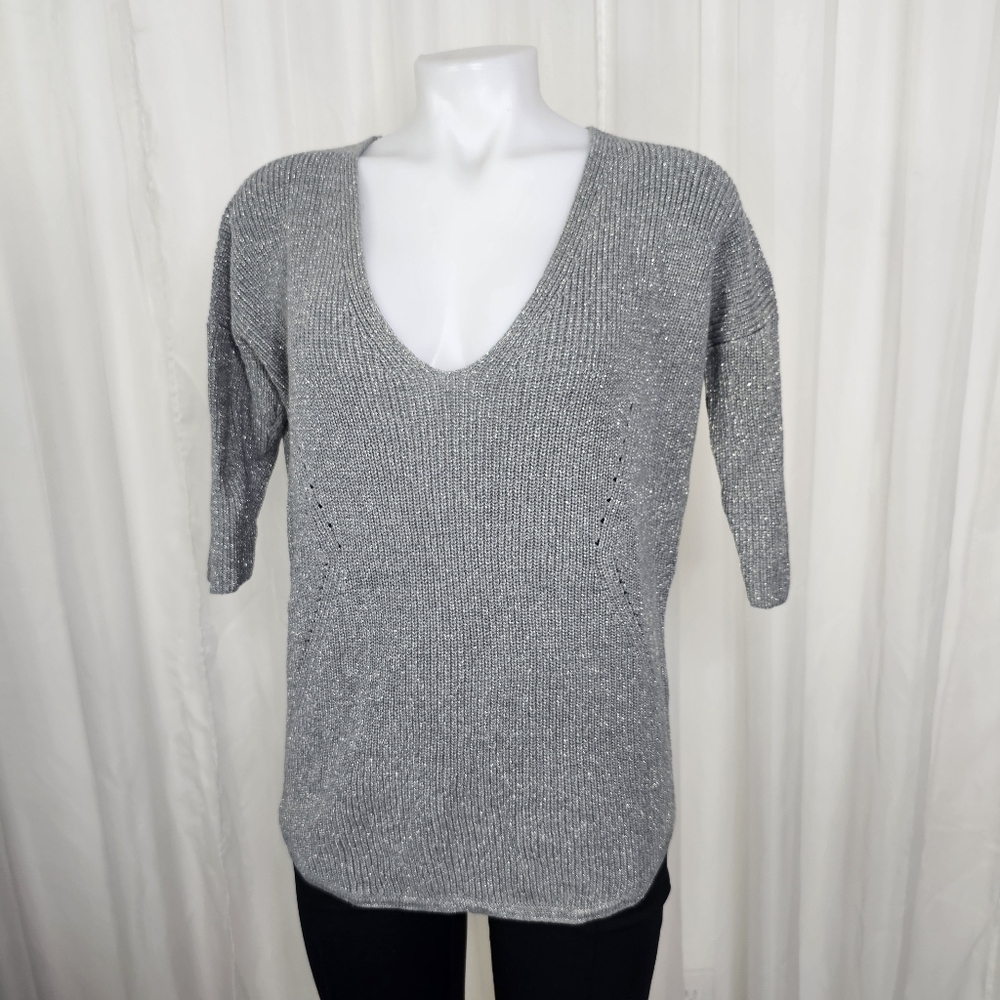 Express Gray Glitter Knit London Sweater Dolman Batwing 3/4 Sleeve Deep-V Neck